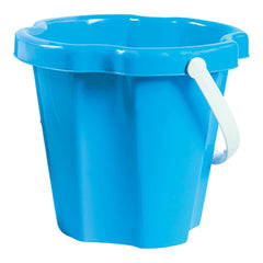 Azure blue beach bucket with scalloped rim and white handle, ideal for sand play and building sandcastles.