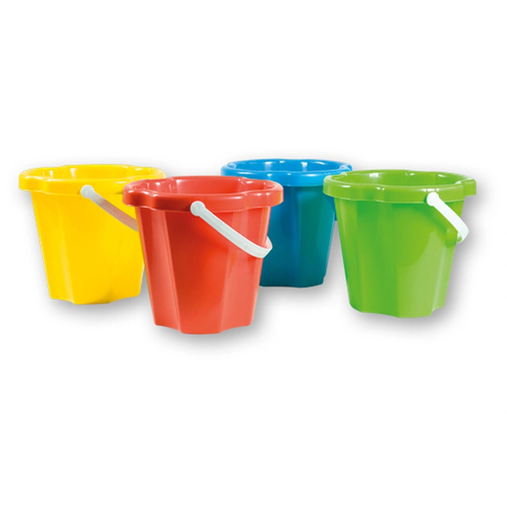 Four colorful Ciprus beach buckets in yellow, red, blue, and green with white handles.