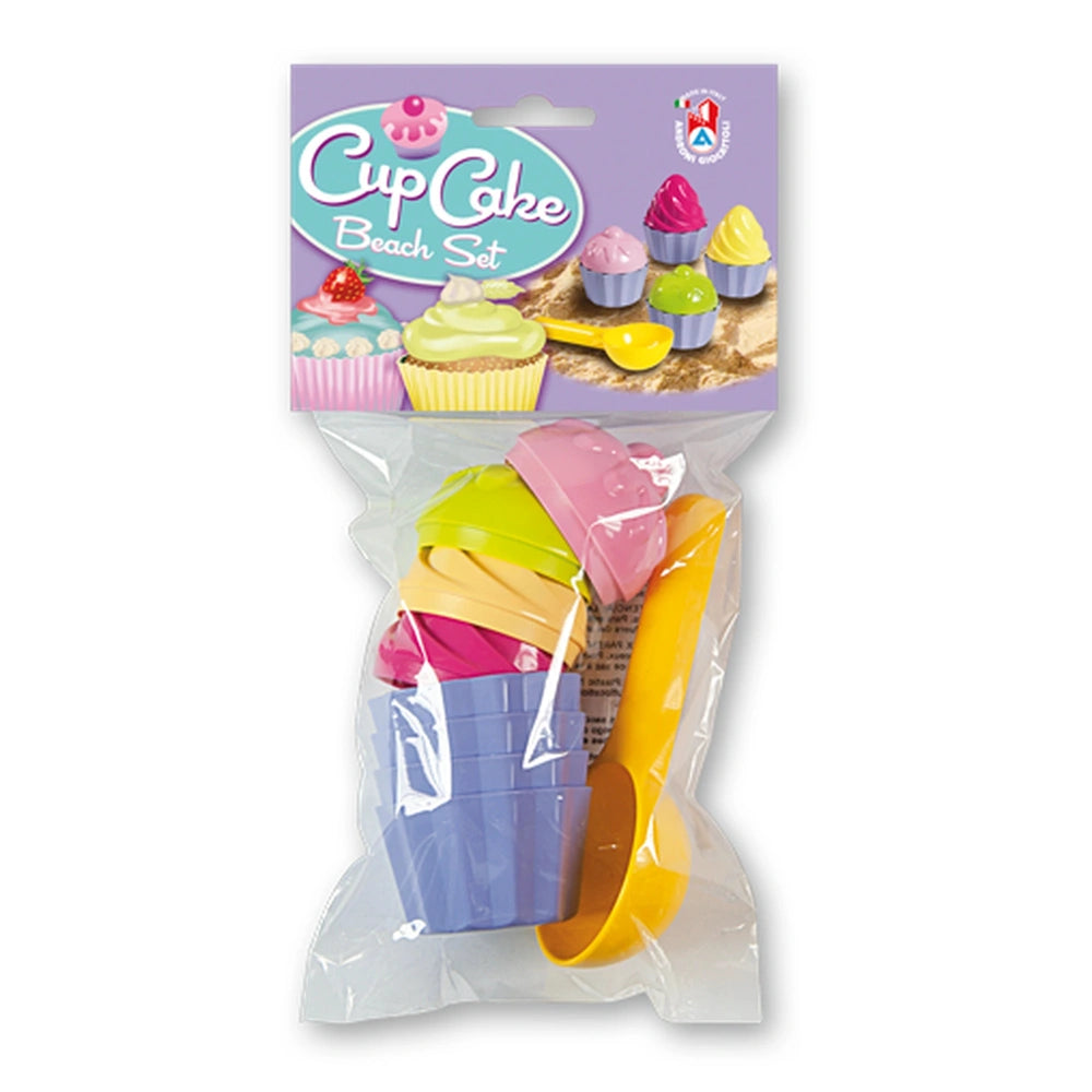 Colorful cupcake and ice cream sand molds with scoop in packaged set, labeled "Cup Cake Beach Set".