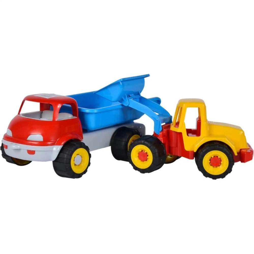 Red and yellow earthmoving truck with blue bulldozer, designed for children's play, 36 cm long, vibrant colors.