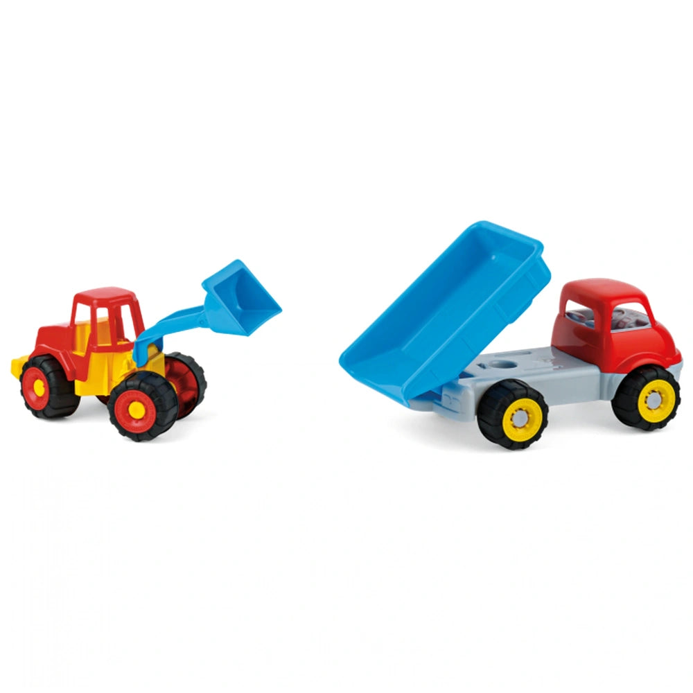 Red and yellow bulldozer with blue scoop alongside a red and blue earthmoving truck.