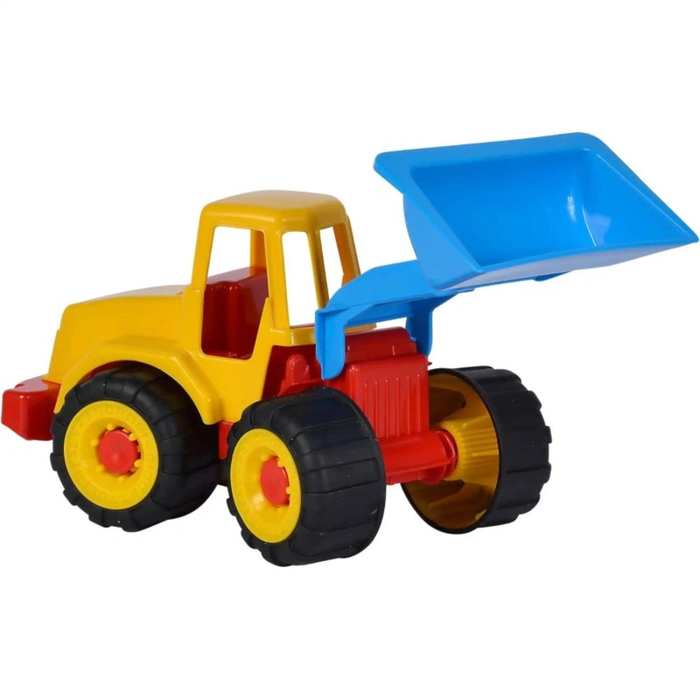 Yellow and red plastic toy truck with a blue bulldozer scoop, designed for creative play.