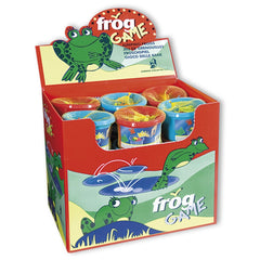 Brightly colored display of Androni Frog Game jars, featuring playful frog designs and vibrant red and green packaging.