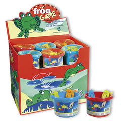 Display of colorful Androni Frog Game jars with vibrant jumping frog toys in a red container box.