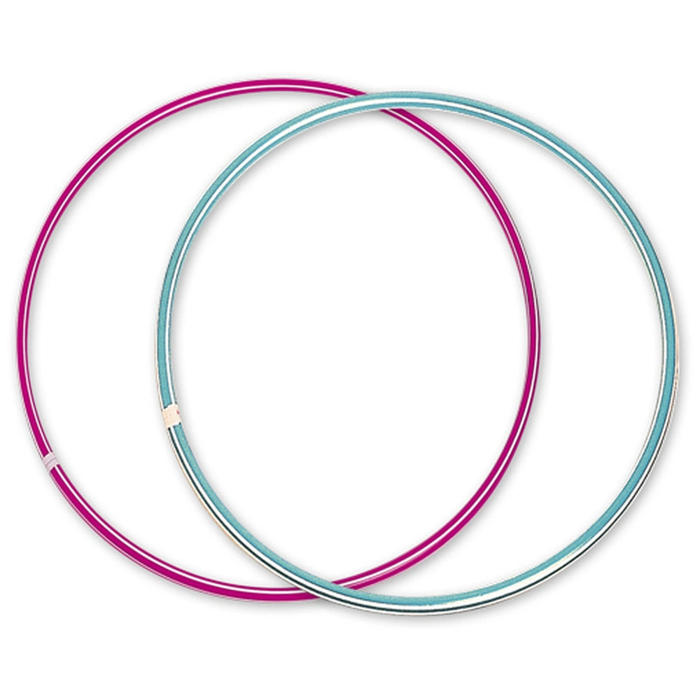 Two Androni Hula Hoops, one pink and one blue, overlapping on a white background.