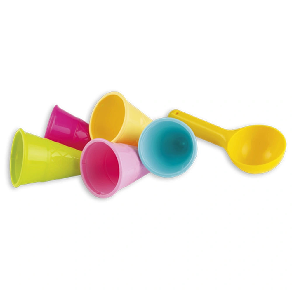Brightly colored set with four ice cream cones and a scoop, featuring pink, yellow, blue, and green hues, perfect for sand play.