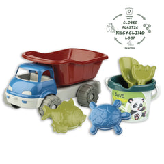 Androni Matteuz truck with red bed, blue cab, sand toys, and eco-friendly bucket featuring a panda design.