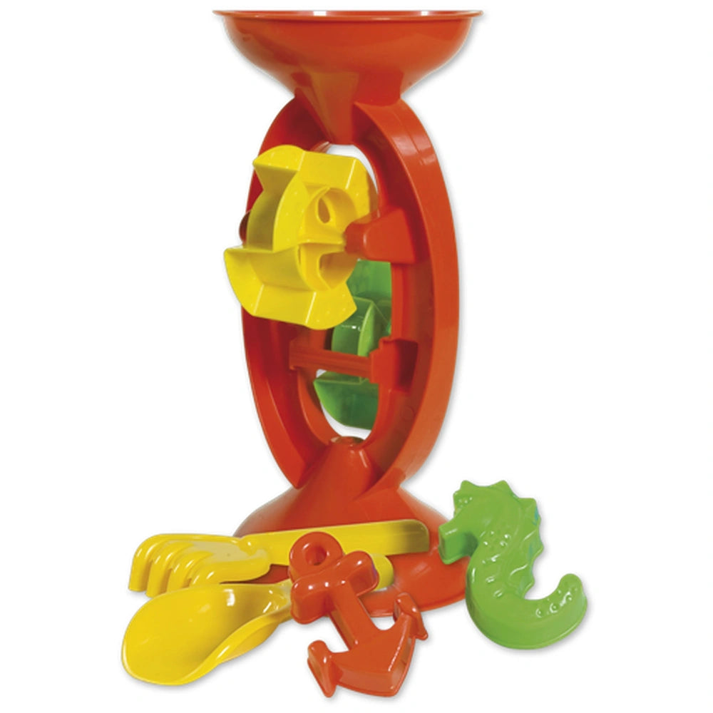 Bright orange and yellow sand mill with green, red molds, shovel, rake; perfect for beach play.
