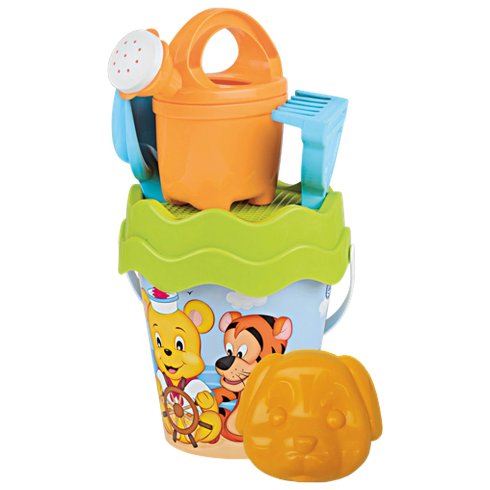 Colorful beach set with blue bucket featuring Poppy & Friends characters, green lid, orange watering can, blue rake, and orange mold.