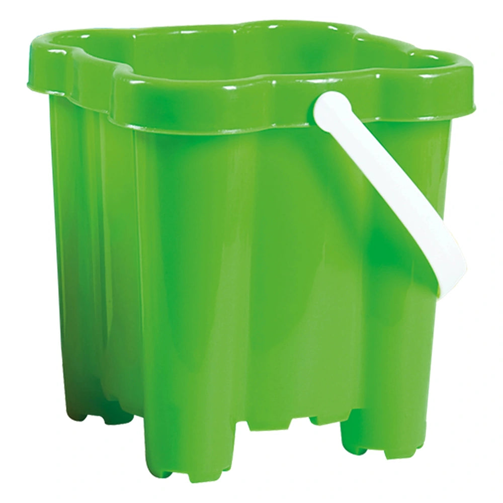 Green square beach bucket with a white handle, crafted from durable plastic by Androni, designed for outdoor play.