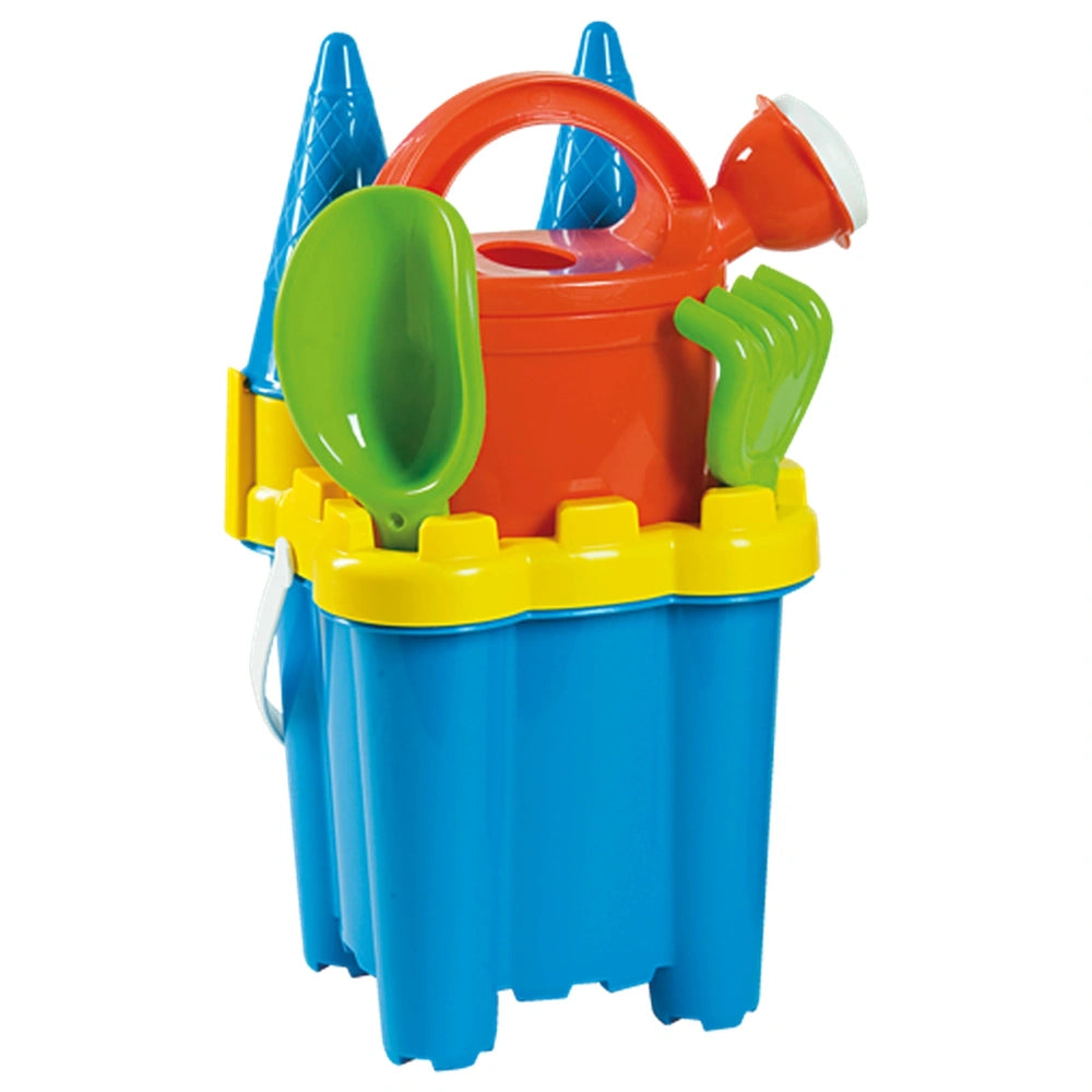 Blue and yellow tower bucket with a red watering can, green shovel, rake, and blue ice cream cones.