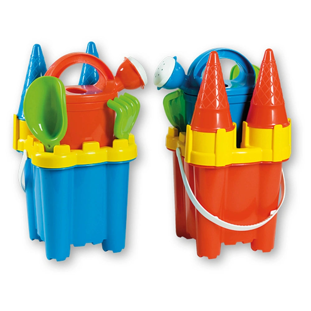 Colorful beach toy set with blue and red tower buckets, yellow trim, green shovel and rake, and ice cream cone molds.