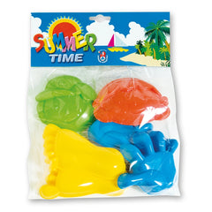 Colorful Androni sand molds in hand, foot, and face shapes packaged under a "Summer Time" label with beach graphics.