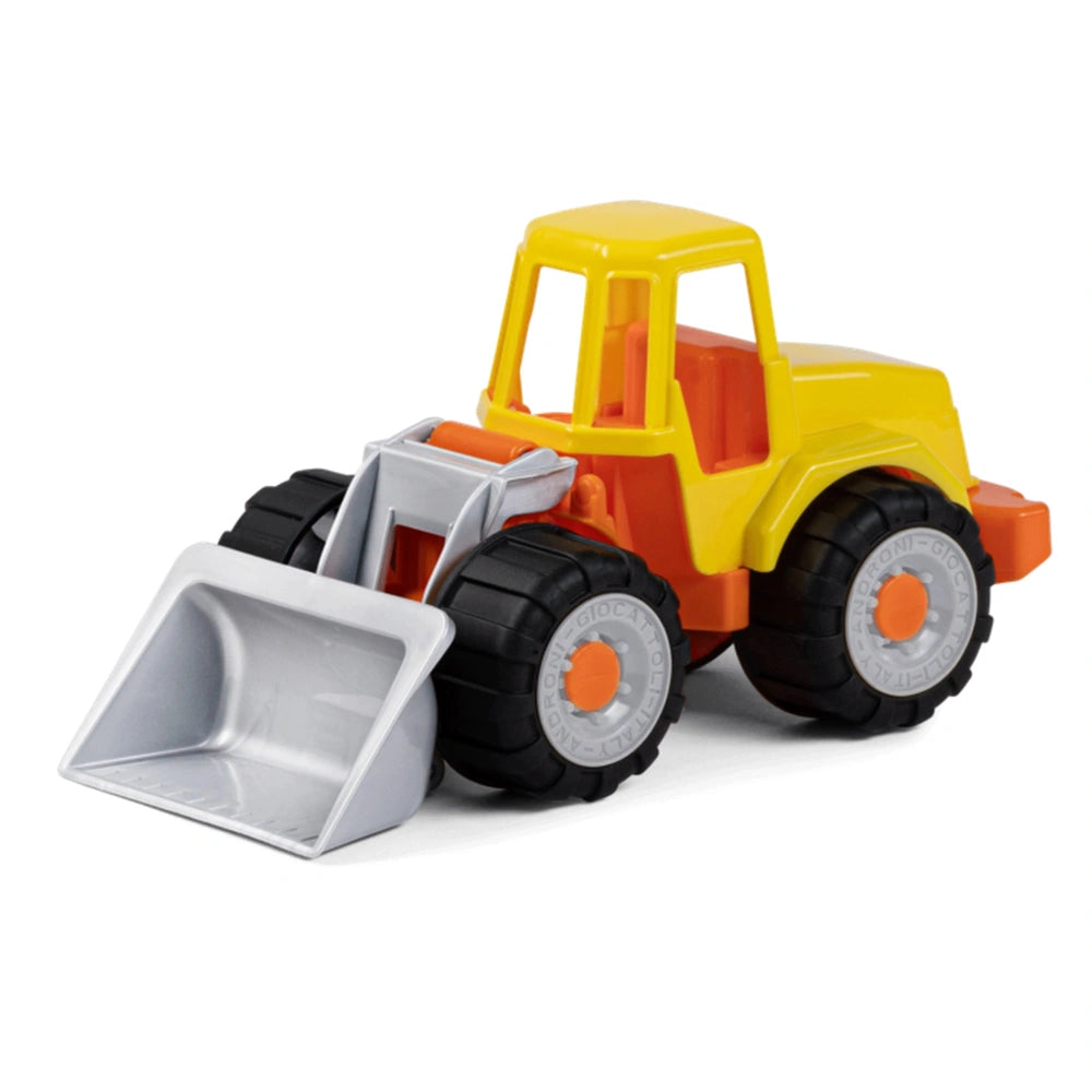 Yellow and orange toy bulldozer with black wheels and a silver scoop, part of Androni work vehicles set.