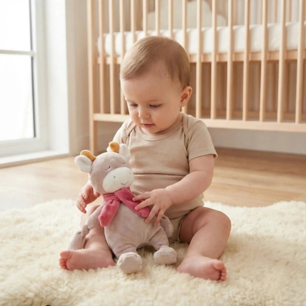 Artesavi Cow Plush Rattle in a childs hands, set in a serene nursery with light colors and soft textures.