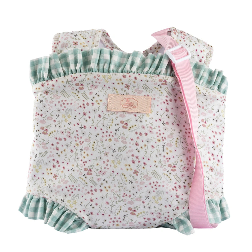 Floral-patterned baby doll carrier with pink strap and green ruffled trim, from ASI Dolls Cloe Collection.