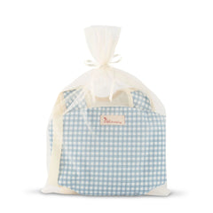 ASI Dolls Baby Carrier for Dolls featuring a blue and white checkered design with a ribbon bow and DREAMS label.