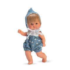 ASI Bonboncin doll wearing a blue flower dress and matching bonnet, standing gracefully with a slightly raised arm.
