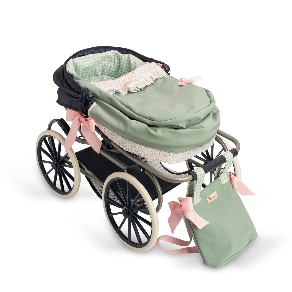 Luxury doll stroller in green with removable hood, pink bows, and matching carry bag, designed for dolls 36-46 cm.
