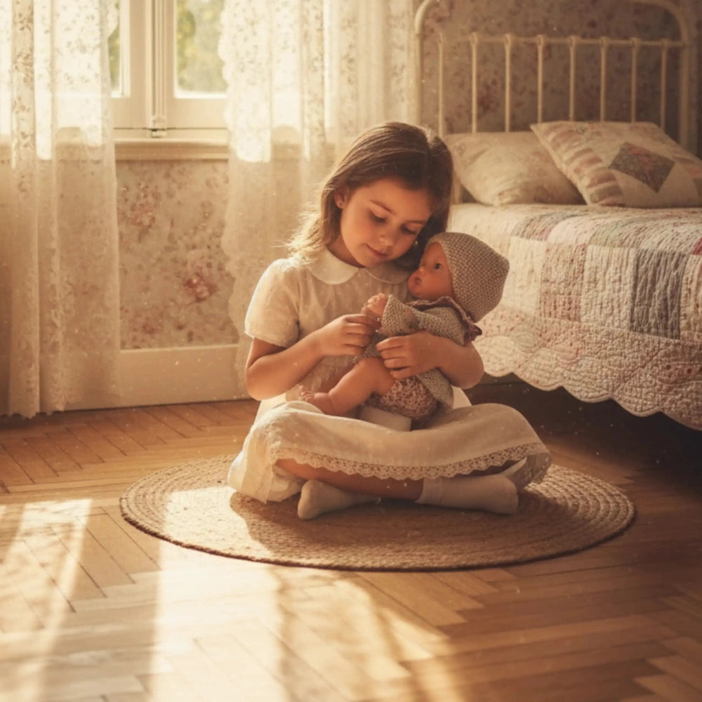 Asi Dolls Gordi Baby Outfit on a doll with a young girl in a cozy vintage room with pastel decor and warm sunlight.