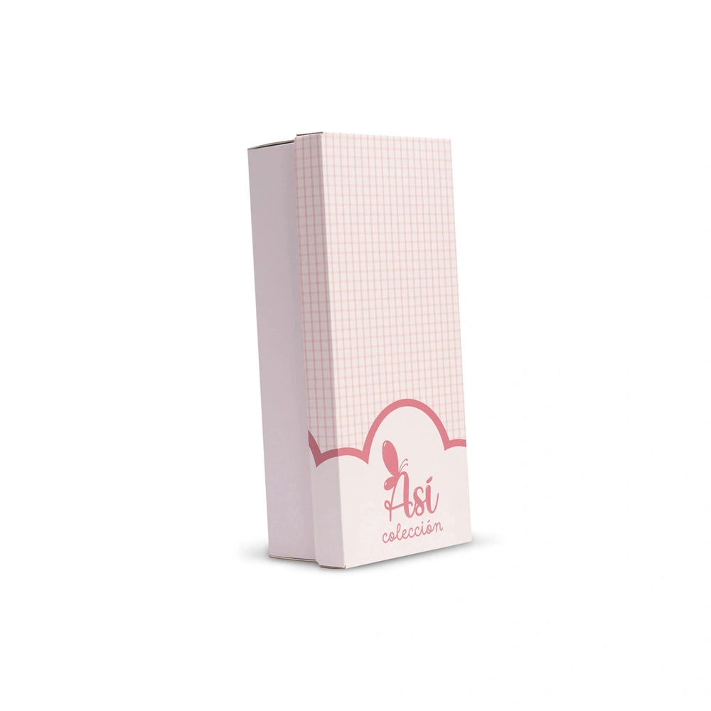 Tall rectangular box with pink checkered pattern and Asi colección logo, angled to the side.