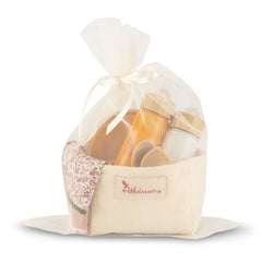 ASI Dolls - Martina Collection Toy Food Set includes a beige pouch with floral design and various toy food items inside.
