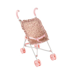 Pink-handled doll stroller with floral patterned seat, pink wheels, and white frame, designed for imaginative play.