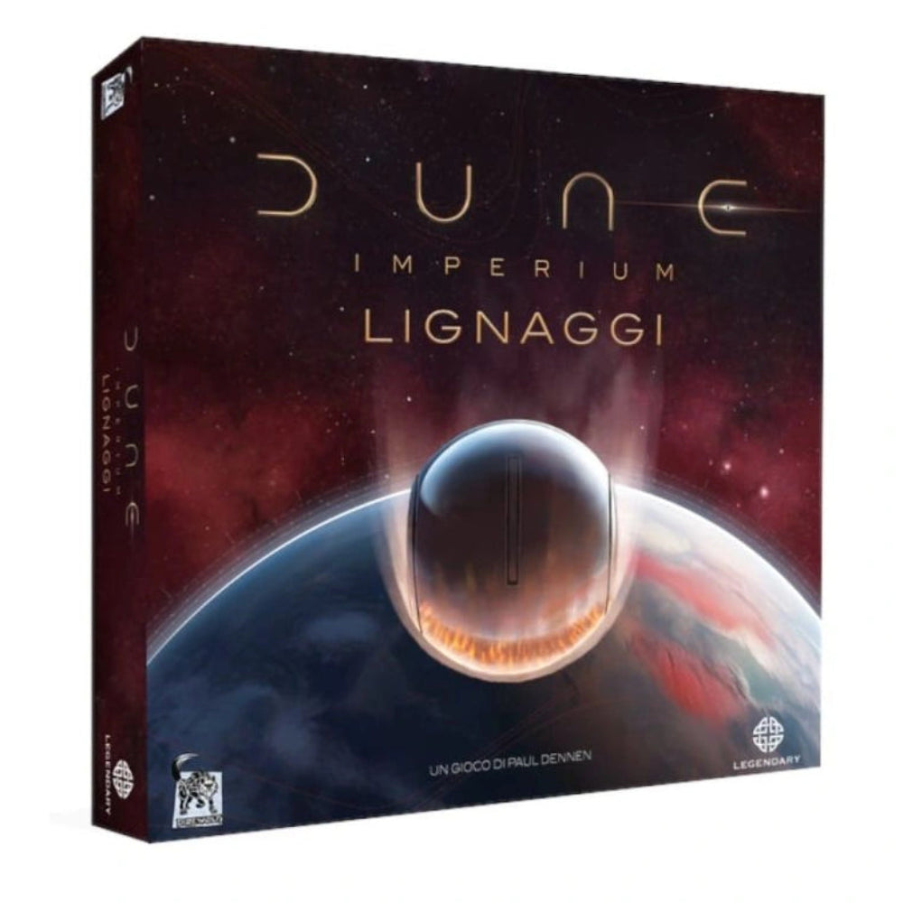 Board game box titled 'Dune Imperium Lignaggi' with space-themed design on a white background