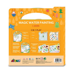 Avenir Magic Water Painting 4 Seasons packaging showcases colorful animal illustrations and includes a water brush, holder, and sponge.