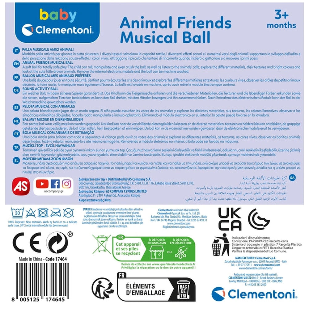 Animal Friends Musical Ball baby activity toy label features blue and white design with icons, barcode, and multilingual text