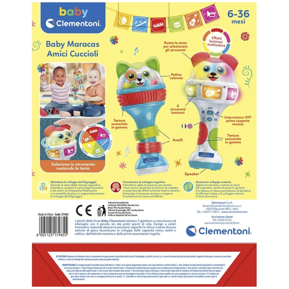 Baby Maracas Amici Cuccioli toy packaging features vibrant colors, playful graphics, and a child engaging with the toy.
