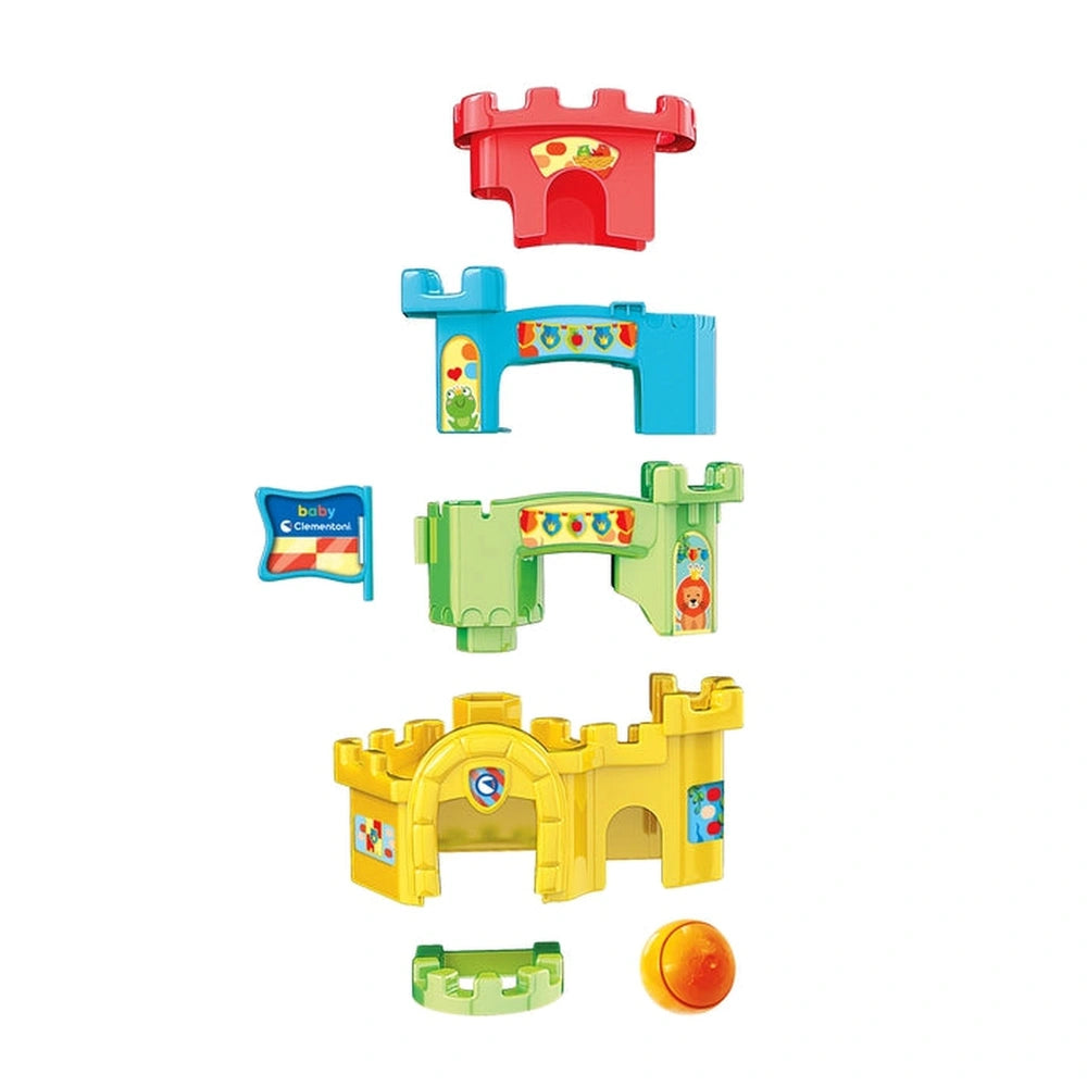 Baby Clementoni Ball Drop Castle features a colorful stack of variously shaped plastic building blocks in red, blue, green, a