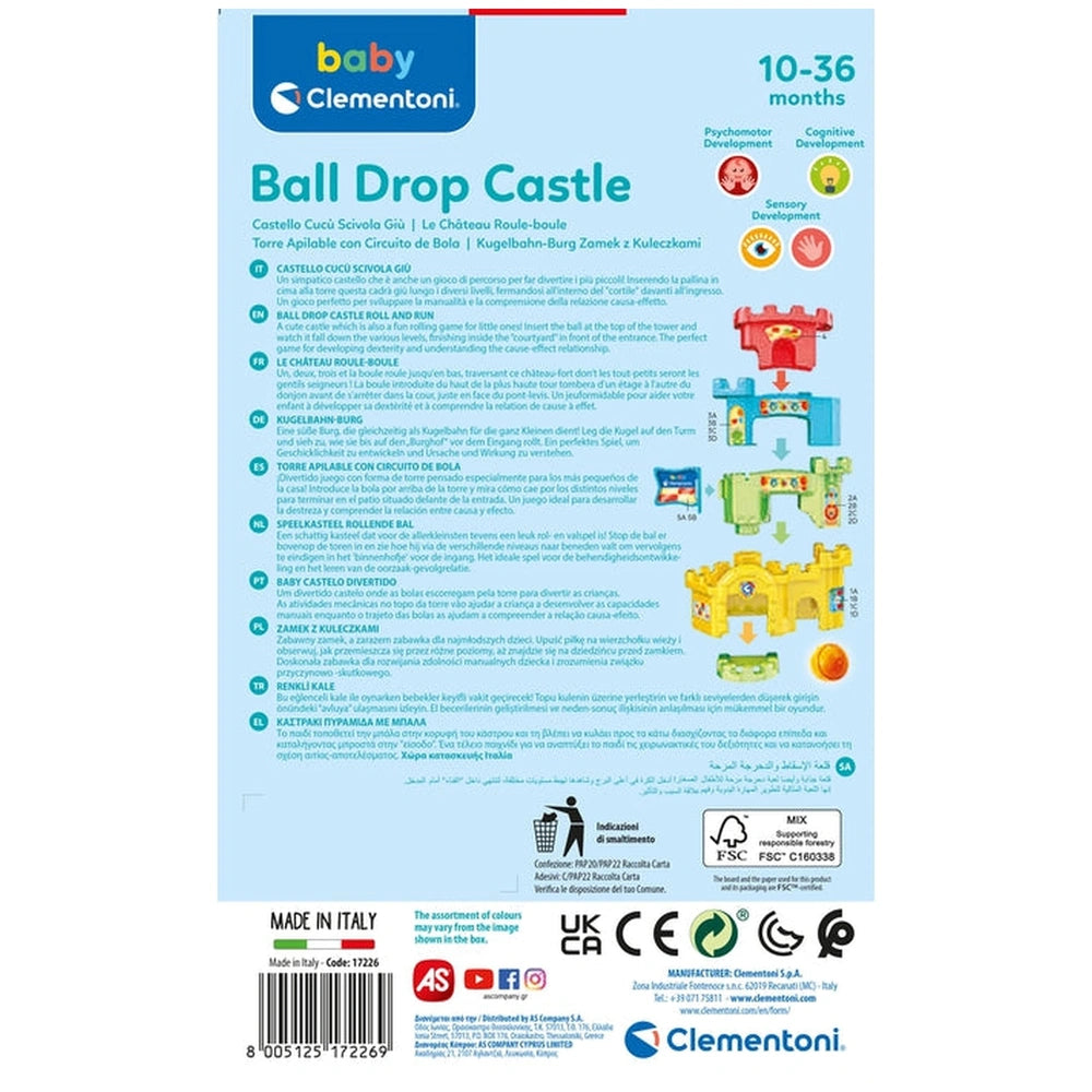 Baby Clementoni - Ball Drop Castle packaging features vibrant colors and graphics, highlighting the toy and its developmental