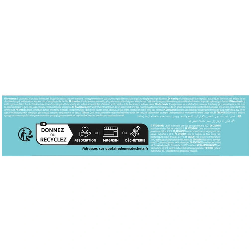 Baby Clementoni soft activity blocks label features recycling instructions with icons on a light blue background.