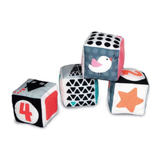 Baby Clementoni soft activity blocks feature four colorful cubes with various patterns stacked together, promoting sensory pl