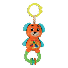 Baby Clementoni rattle features an orange body with blue and green patterns, a yellow handle, and a bell-like structure.