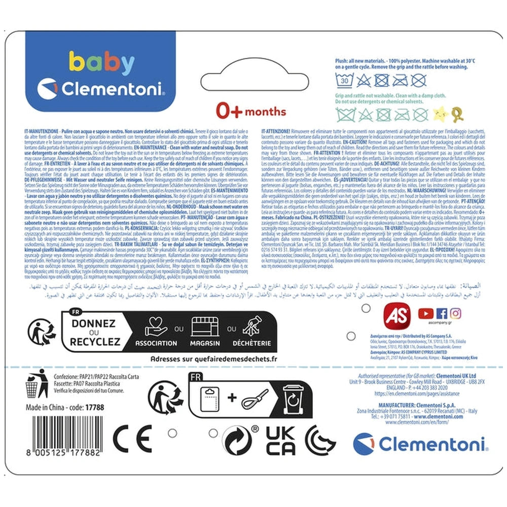 Baby Clementoni Easy-Peasy Soft Bear stuffed animal features a playful design with colorful icons and travel-themed graphics.