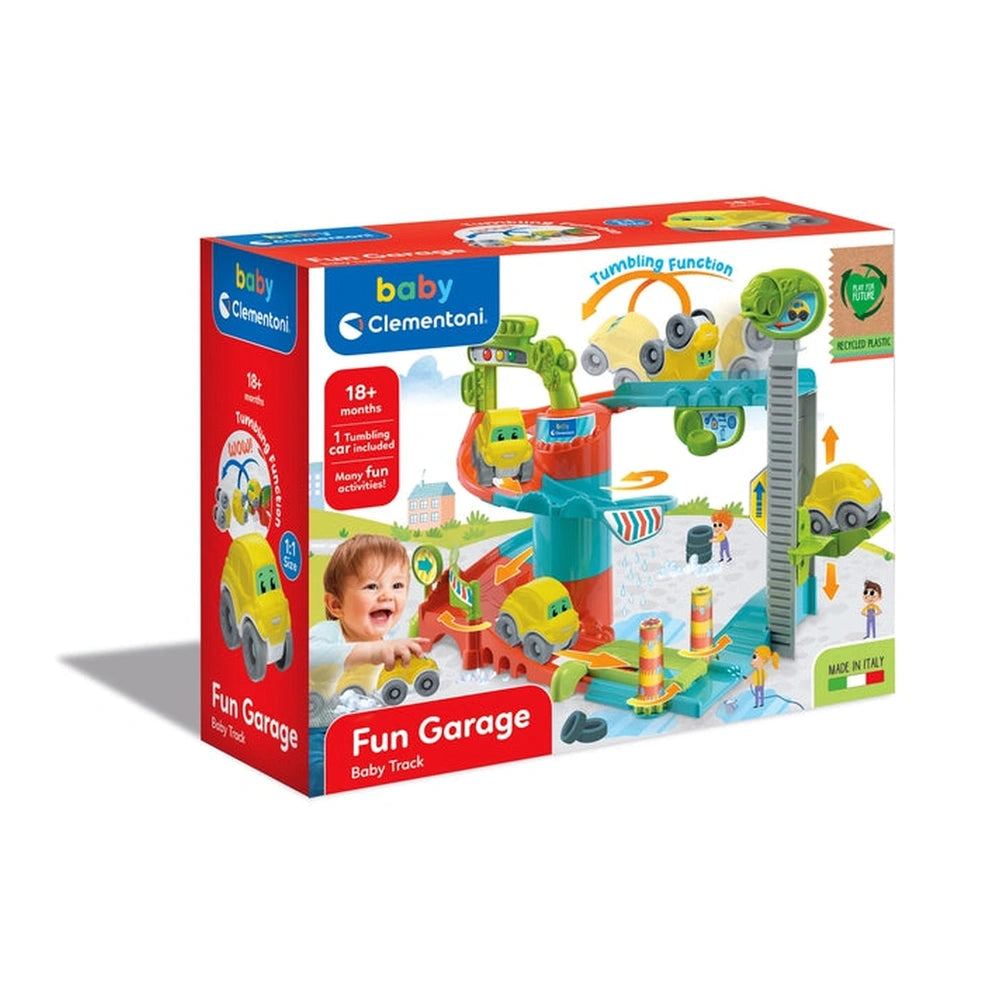 Baby Clementoni Fun Garage activity toy in a glossy red box featuring a plastic window and colorful toy cars and tracks.