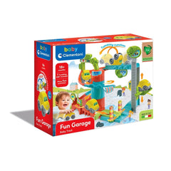 Baby Clementoni Fun Garage activity toy in a glossy red box featuring a plastic window and colorful toy cars and tracks.
