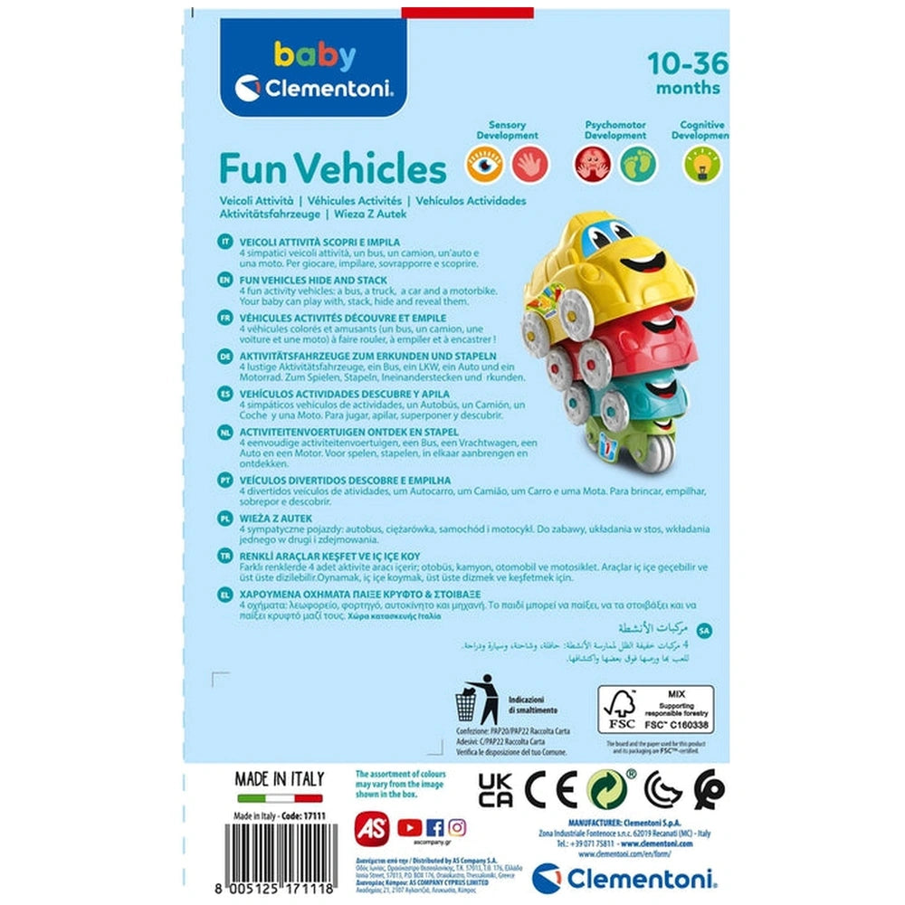 Baby Clementoni toy car features a smiling face, vibrant colors, and a playful design, perfect for children's sorting and sta