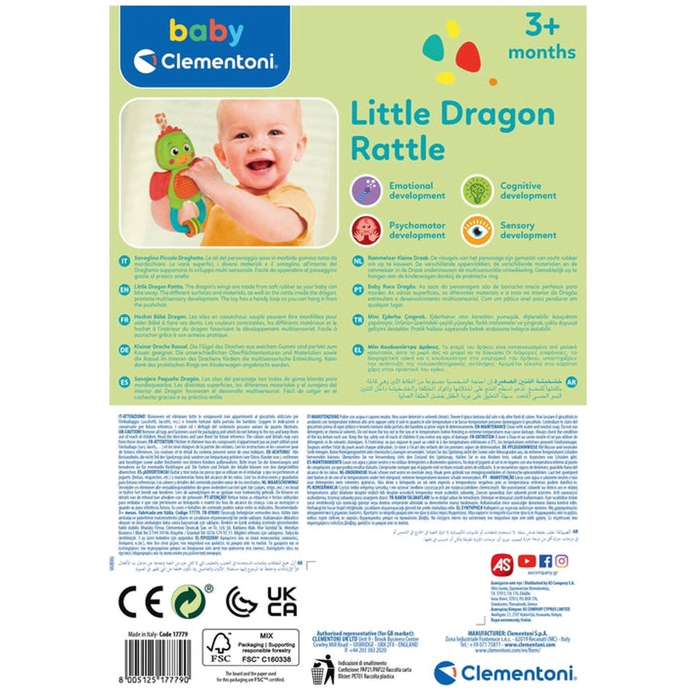 Baby Clementoni's Little Dragon Rattle features a smiling baby holding a colorful toy against a playful light green backgroun