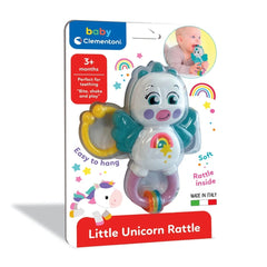Baby Clementoni Little Unicorn Rattle packaging features vibrant colors and playful imagery, appealing to young children.