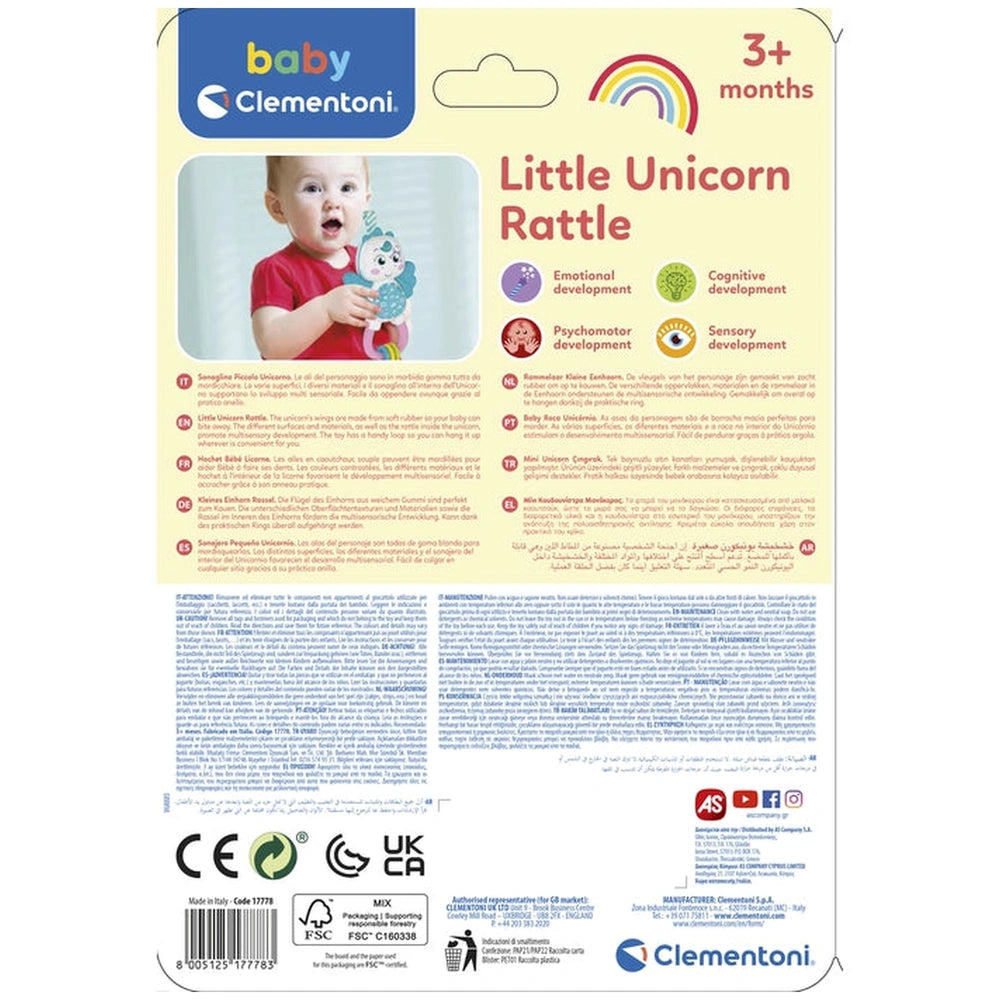 Baby Clementoni's Little Unicorn Rattle packaging features bright colors, a unicorn, and a baby holding the rattle, emphasizi