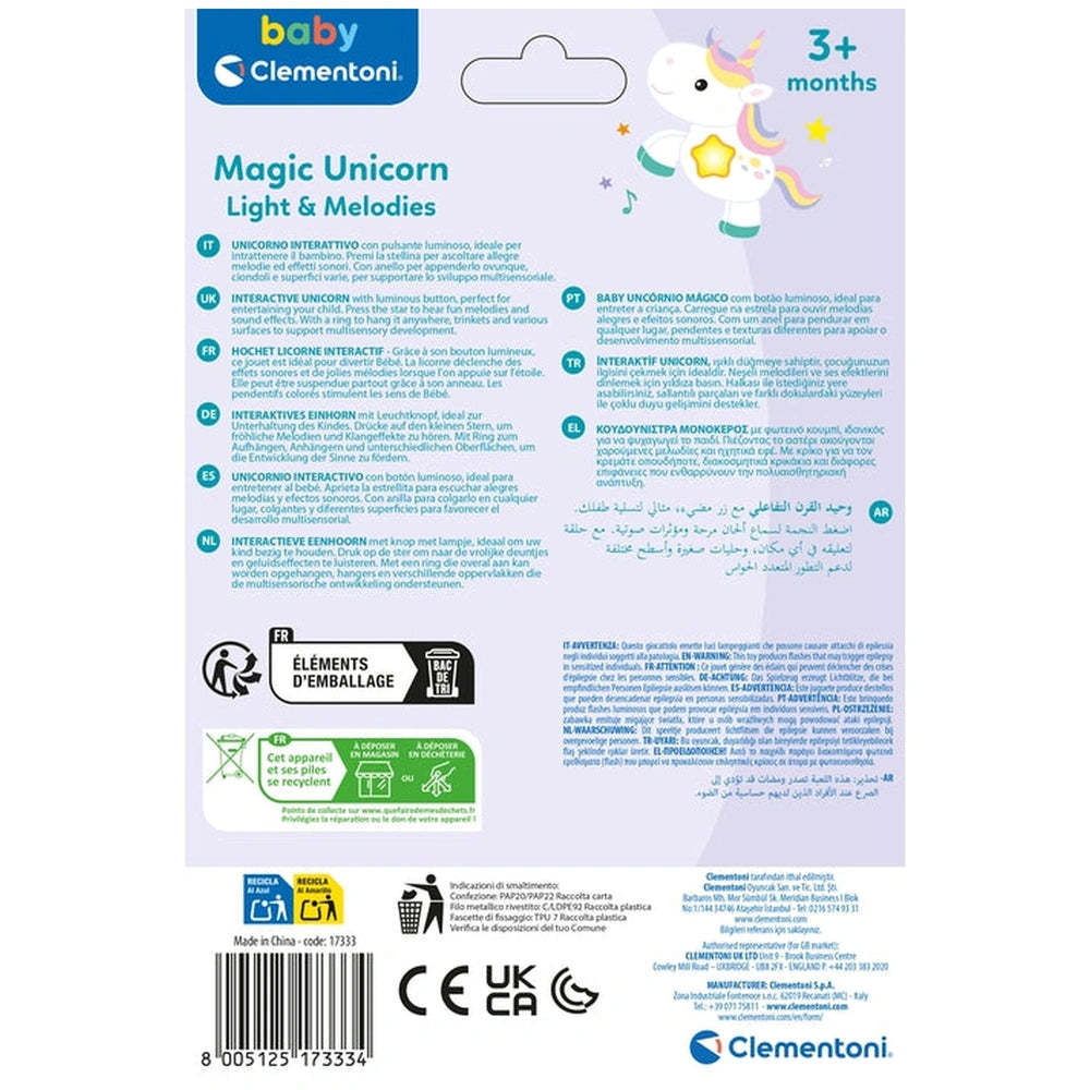Baby Clementoni's Magic Unicorn Light & Melodies label features a playful unicorn on a glossy purple background with bold tex