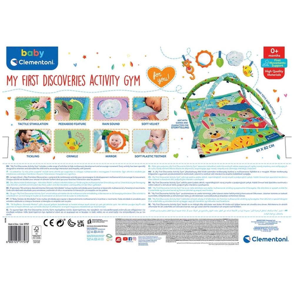 Baby Clementoni's My First Discoveries Activity Gym packaging features vibrant colors, playful graphics, and engaging images 