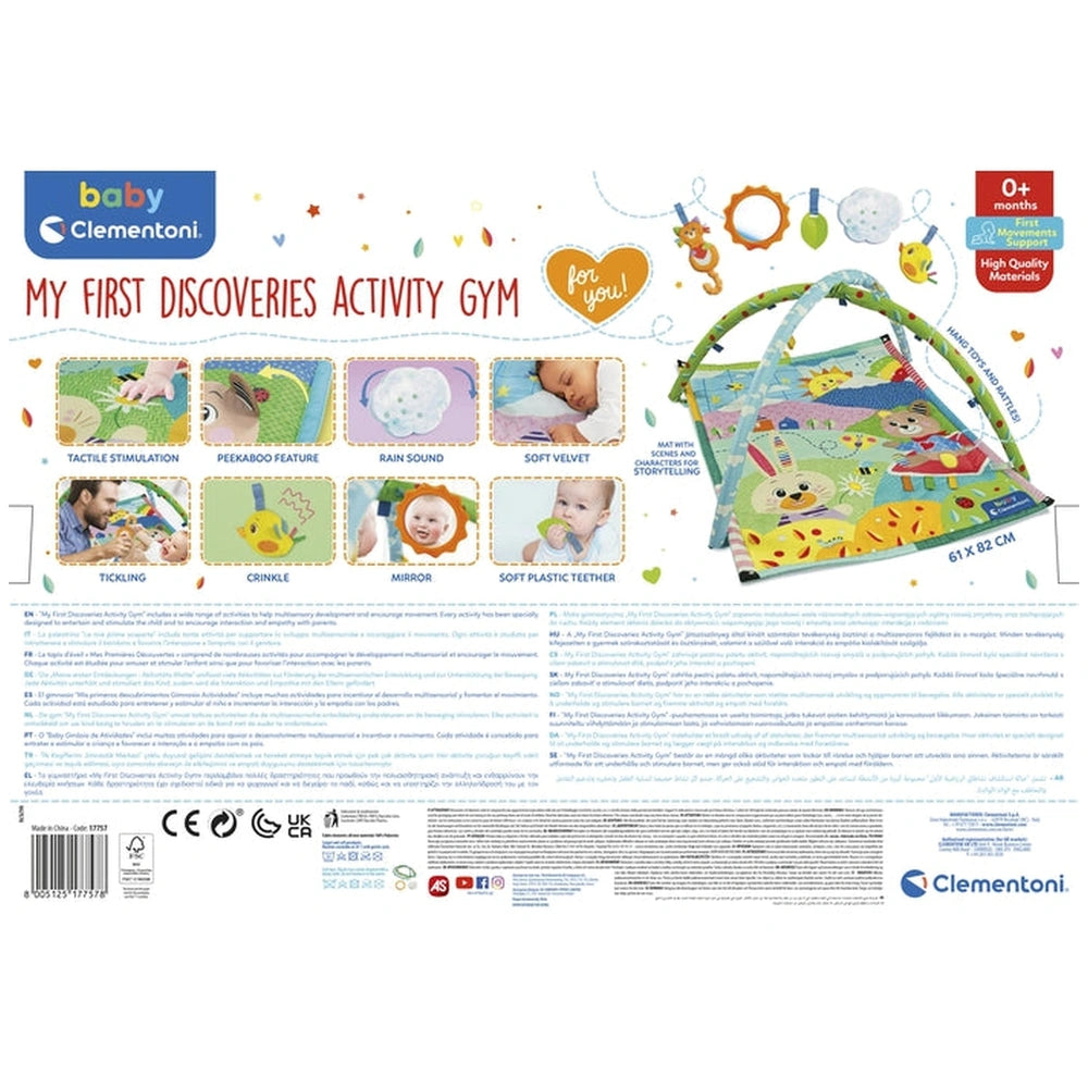 Baby Clementoni's My First Discoveries Activity Gym features vibrant colors, soft textures, and engaging toys for infants.