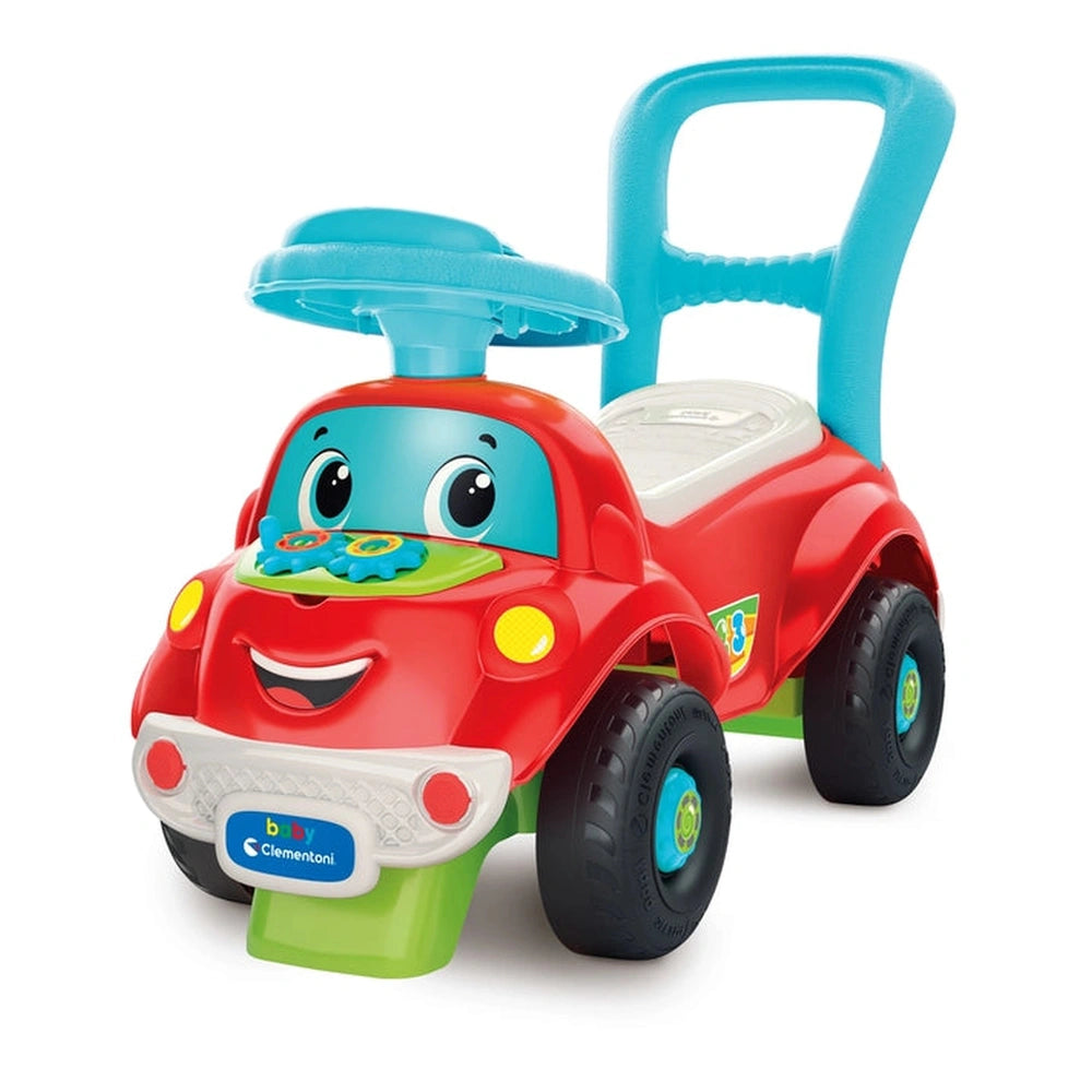 Baby Clementoni Nicolo Go Go 3 In 1 Riding Toy features a red car with a blue roof, smiling face, and colorful accents.