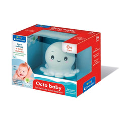 Baby Clementoni Octo Baby bath toy in red packaging with a clear window, featuring a smiling plush octopus design.