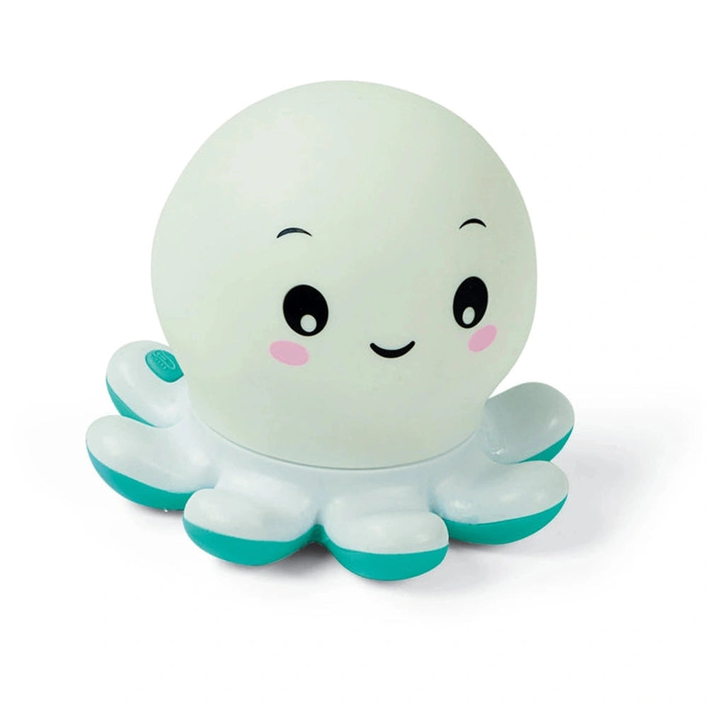Baby Clementoni Octo Bath Toy features a friendly white spherical design with a face, green tail, and smooth surface.