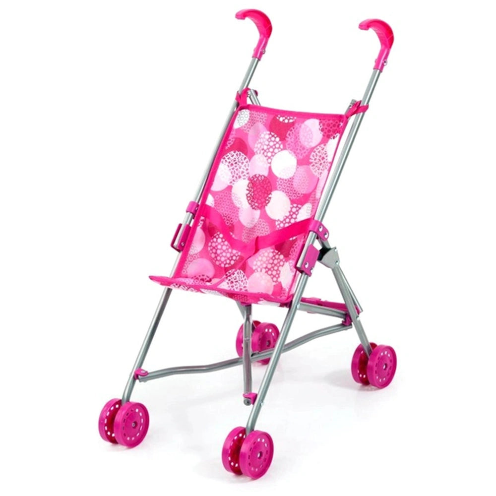 BAYER DESIGN Buggy-Doll's-Stroller features a pink fabric seat and backrest, silver metal frame, and pink plastic wheels and 